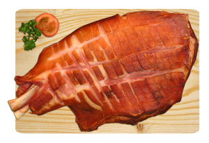Vorderblatt - gepökelt vom Schwein – abgebacken – auch portioniert möglich Vorderblatt - gepökelt vom Schwein – abgebacken – auch portioniert möglich